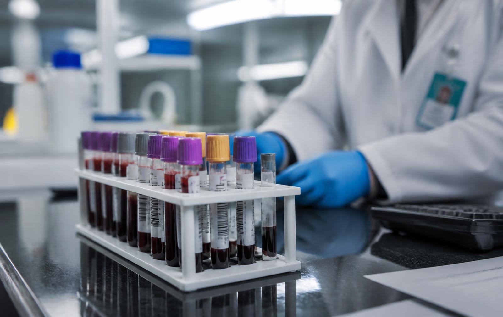 Blood sample vials on a clean laboratory bench